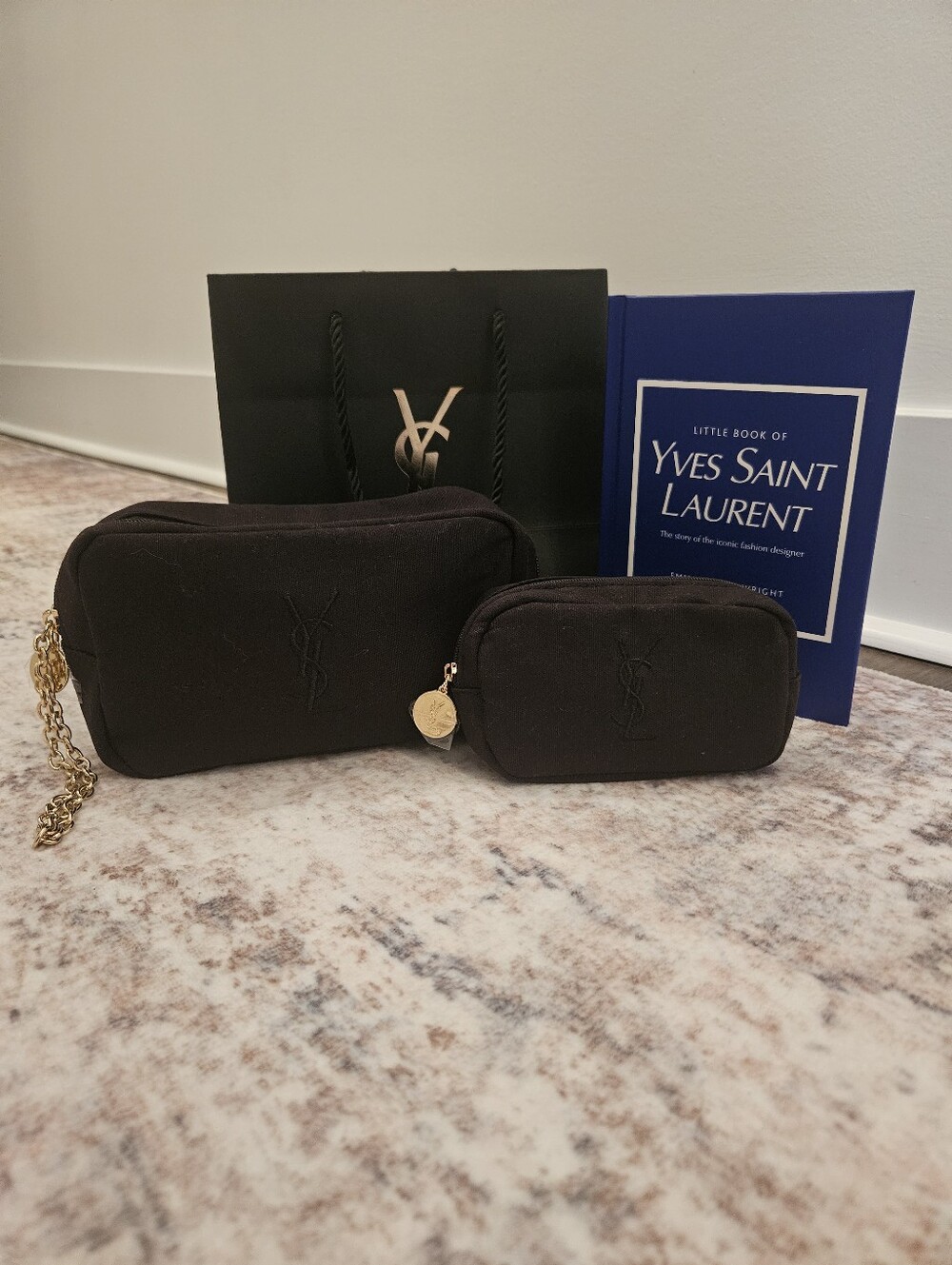 NEW YSL Parfumes Black Cosmetic Trousse Pouch & Porte Monnaie, Book, & Bag Set